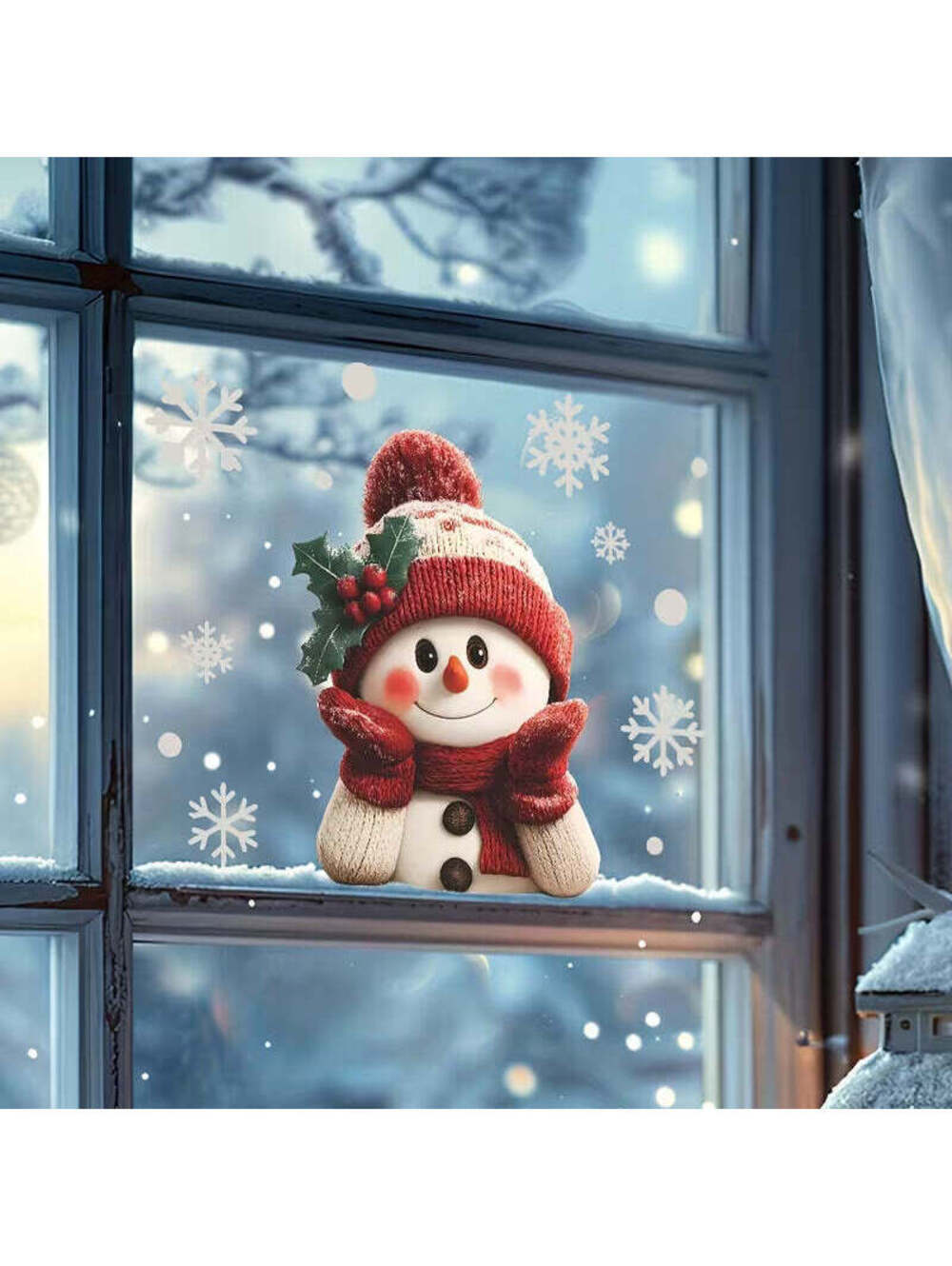 2D Flat, Large Smiling Snowman with Snowflakes Static Cling Window Decals